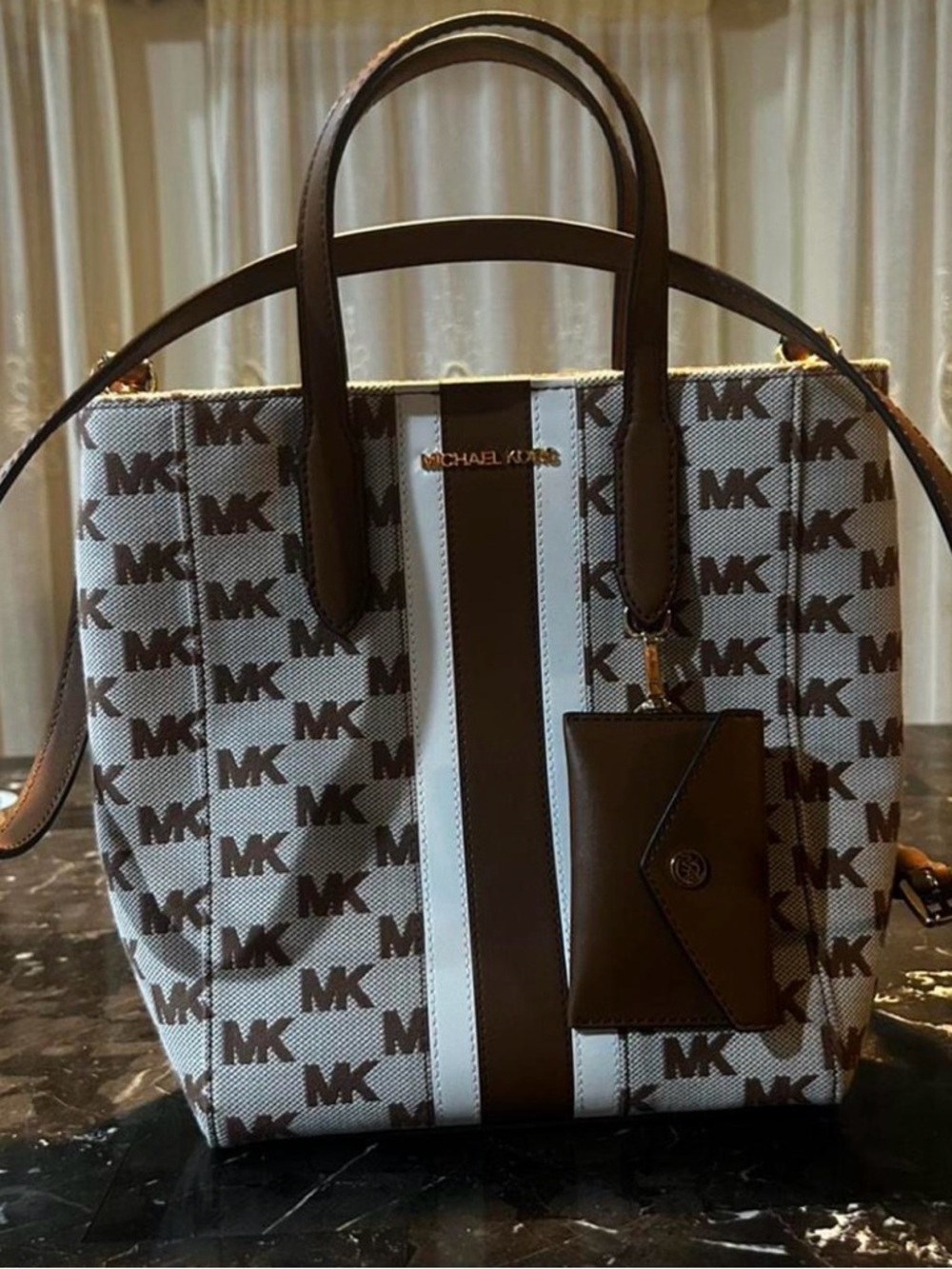 Michael Kors Brown & Cream MK Signature Vertical Stripe Tote - Picture 2 of 5